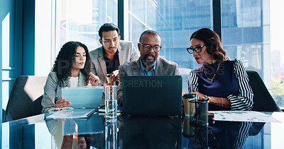 Buy stock photo Laptop, team and business people planning in meeting or brainstorming idea with investment data. Group, computer or corporate discussion with risk manager for analysis or financial proposal in office