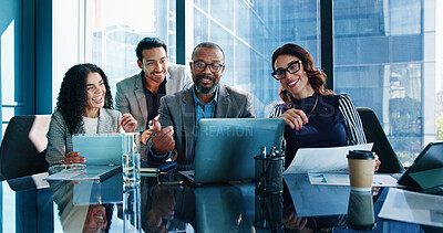 Buy stock photo Laptop, smile and business people in office, financial success and teamwork with stock market. Group, computer pr employees in workplace, profit growth or budget report for company revenue or excited