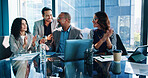 Laptop, applause and business people in office, financial success or excited with stock market. Group, pc or employees with profit growth, celebration or budget report for company revenue or clapping