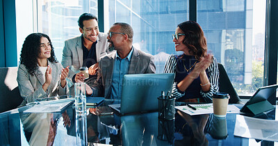 Buy stock photo Laptop, applause and business people in office, financial success or excited with stock market. Group, pc or employees with profit growth, celebration or budget report for company revenue or clapping