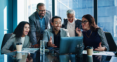 Buy stock photo Business people, surprise and celebration in office, laptop and financial growth with investment. Employees, group and meeting in workplace, broker and shocked with cooperation, success and wow