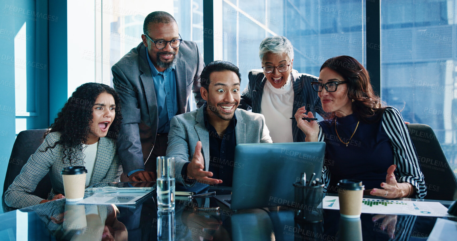 Buy stock photo Business people, surprise and celebration in office, laptop and financial growth with investment. Employees, group and meeting in workplace, broker and shocked with cooperation, success and wow