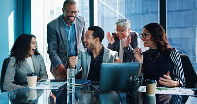 Buy stock photo Laptop, celebration or business people in office, financial success or excited with stock market. Investment, PC or employees with profit growth, trading or budget report for company revenue or smile