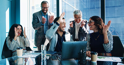 Buy stock photo Business people, high five and celebration in office, laptop and financial growth with investment. Employees, group and meeting in workplace, broker and support with cooperation, success and smile