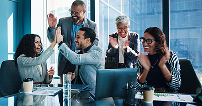 Buy stock photo Applause, high five and success with business people in boardroom of office together for celebration. Bonus, milestone and victory with employee group in workplace for goals, motivation or target