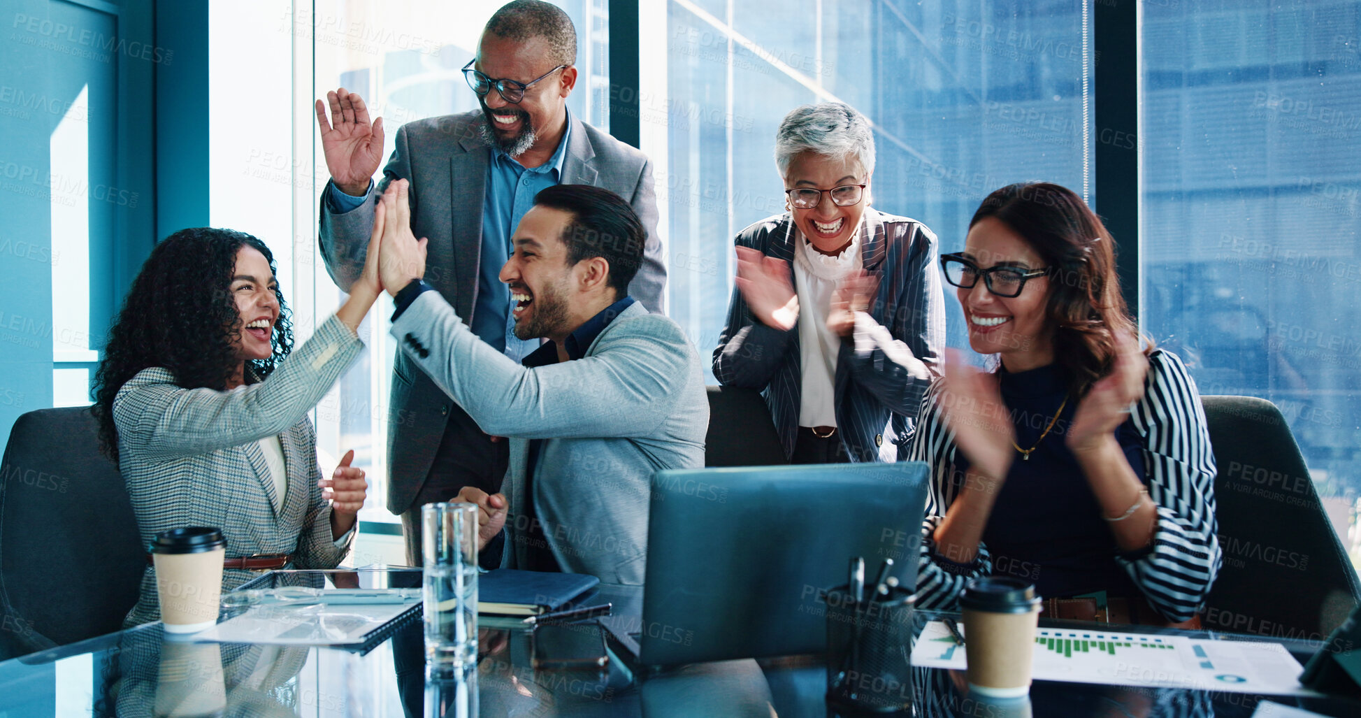 Buy stock photo Applause, high five and success with business people in boardroom of office together for celebration. Bonus, milestone and victory with employee group in workplace for goals, motivation or target