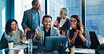 Laptop, excited and business people in office, financial success and stock market with applause. Clapping, pc or employees with profit growth, celebration or budget report for company revenue and wow