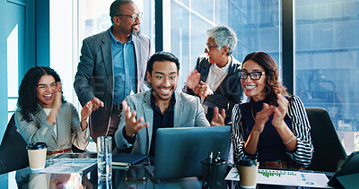 Buy stock photo Laptop, excited and business people in office, financial success and stock market with applause. Clapping, pc or employees with profit growth, celebration or budget report for company revenue and wow