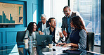 Business people, shocked and celebration in office, laptop and financial growth with success. Employees, group and meeting in workplace, broker and support with cooperation, surprise and excited
