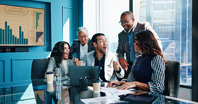 Buy stock photo Business people, shocked and celebration in office, laptop and financial growth with success. Employees, group and meeting in workplace, broker and support with cooperation, surprise and excited