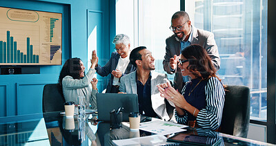 Buy stock photo Laptop, smile or business people with applause, financial success or excited with stock market. Clapping, pc or employees with chart, profit growth or budget report for company revenue or celebration