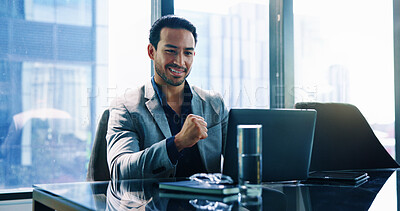 Buy stock photo Happy, businessman and laptop with fist pump at office for winning increase, investment or profit. Man, employee or smile with computer by window for good news, promotion or bonus at workplace
