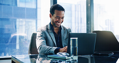 Buy stock photo Finance, laptop and smile of business man in office of investment firm for portfolio growth. Computer, money and typing with happy broker or trader in corporate workplace for planning or research