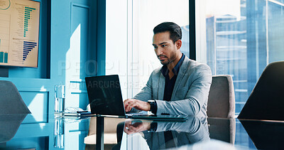 Buy stock photo Laptop, office and business man typing finance model, investment analysis and actuary reading stats. Computer, data and serious employee for risk assessment, metrics and research online with report