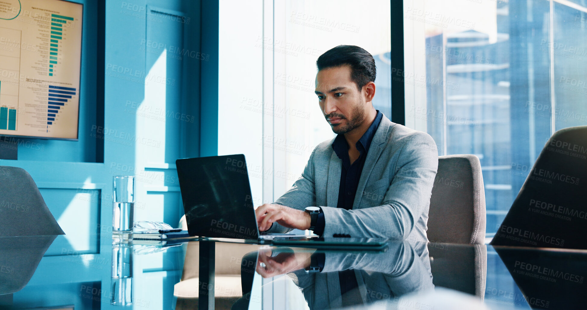 Buy stock photo Laptop, office and business man typing finance model, investment analysis and actuary reading stats. Computer, data and serious employee for risk assessment, metrics and research online with report