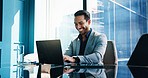 Smile, laptop and business man typing financial report, investment and banker reading email. Computer, internet and employee in office with risk assessment for loan, account review and credit score
