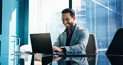 Buy stock photo Smile, laptop and business man typing financial report, investment and banker reading email. Computer, internet and employee in office with risk assessment for loan, account review and credit score