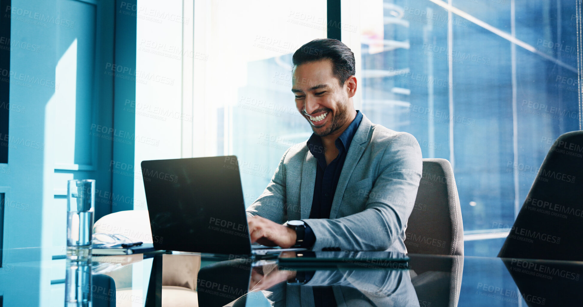 Buy stock photo Smile, laptop and business man typing financial report, investment and banker reading email. Computer, internet and employee in office with risk assessment for loan, account review and credit score