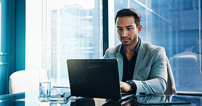 Buy stock photo Finance, laptop and typing with business man in office of investment firm for portfolio growth. Computer, money and wealth with serious broker in corporate workplace for planning, research or trading
