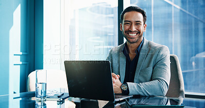 Buy stock photo Portrait, smile and Asian businessman on laptop for finance, investment and opportunity with actuary. Computer, corporate professional and happy employee in office with confidence as risk analyst
