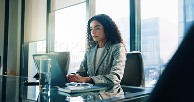 Buy stock photo Finance, laptop and typing with business woman in office of investment firm for portfolio growth. Computer, money and report with serious broker in corporate workplace for planning or research