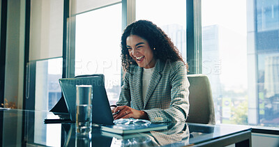 Buy stock photo Laptop, money and smile of business woman in office of investment firm for portfolio growth. Computer, finance and wealth with happy broker or trader in corporate workplace for planning or research