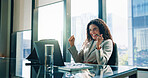 Happy woman, laptop and winning with fist pump at office for increase, investment or profit. Excited, female person or employee with smile on computer for good news, promotion or bonus at workplace