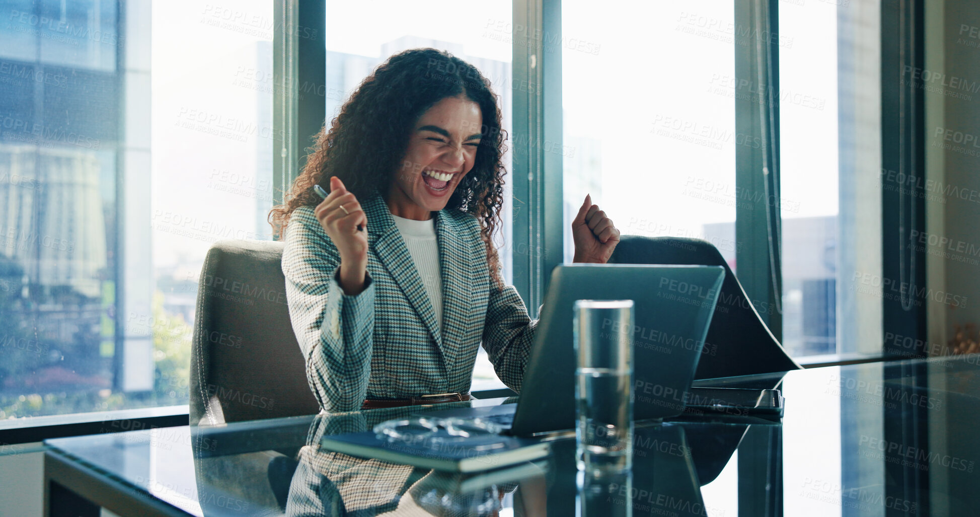 Buy stock photo Celebration, winner and woman with laptop in office happy for feedback, success and workplace. Excited journalist, announcement and promo for story, prize and achievement notification for victory