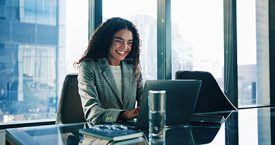 Buy stock photo Finance, laptop and smile of business woman in office of investment firm for portfolio growth. Computer, money and wealth with happy broker or trader in corporate workplace for planning or research