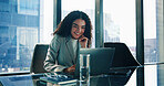 Business woman, thinking and laptop in office for public relations, press release and journalist update. Tech, professional and digital information with planning and online review for media research