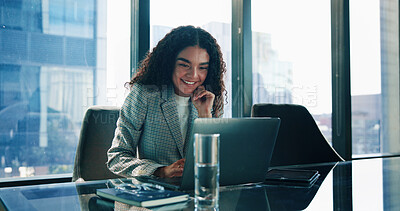 Buy stock photo Business woman, thinking and laptop in office for public relations, press release and journalist update. Tech, professional and digital information with planning and online review for media research