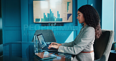 Business, woman and graph on laptop in office for finance review, data analysis and charts of growth. Female accountant, online and typing for financial report, profit statistics and company increase