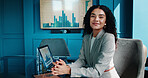 Portrait, smile and business woman with laptop for finance, investment metrics and data with actuary. Computer, corporate professional and happy employee in office with confidence as risk analyst