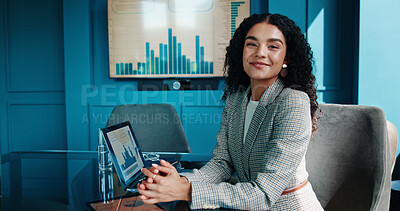 Buy stock photo Portrait, smile and business woman with laptop for finance, investment metrics and data with actuary. Computer, corporate professional and happy employee in office with confidence as risk analyst