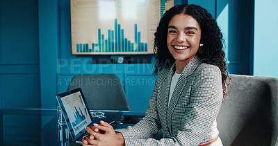 Buy stock photo Finance, laptop and portrait of business woman in office of investment firm for portfolio growth. Computer, graphs and smile of happy trader in corporate workplace for wealth management success