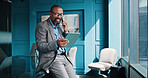 Office, black man and tablet with phone call for communication, negotiation and consulting for finance. Lobby, mature person and financial advisor with tech for mobile, budget report or business talk