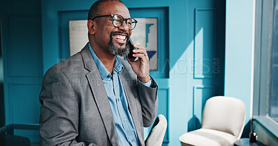 Buy stock photo Thinking, financial advisor and black man with phone call for networking, asset management or budget advice. Portfolio manager, happy and negotiation in office for investment, deal or private equity