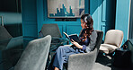 Notebook, laptop and reading with business woman in office for performance stats, portfolio manager or research. Data analytics, project metrics and planning with person in financial agency for chart