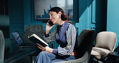 Buy stock photo Notebook, financial advisor and woman with phone call for networking, asset management or budget advice. Portfolio manager, diary and negotiation in office for investment, deal and private equity