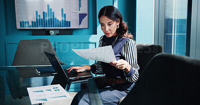 Buy stock photo Business woman, analytics and documents with laptop for performance review, statistics or analysis at office. Female person, employee or analyst with paperwork for corporate data or company results