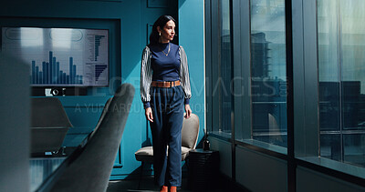 Buy stock photo Thinking, employee and woman with ambition, calm and ideas for career growth in corporate company. Inspiration, contemplating and person with vision for opportunity, serious or underwriter with pride