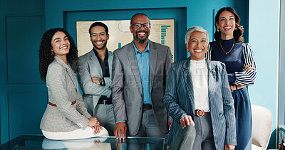 Buy stock photo Portrait, group and business people in office, investment and diversity with confidence, finance advisor and smile. Face, accounting and employees in workplace, partnership and support with pride