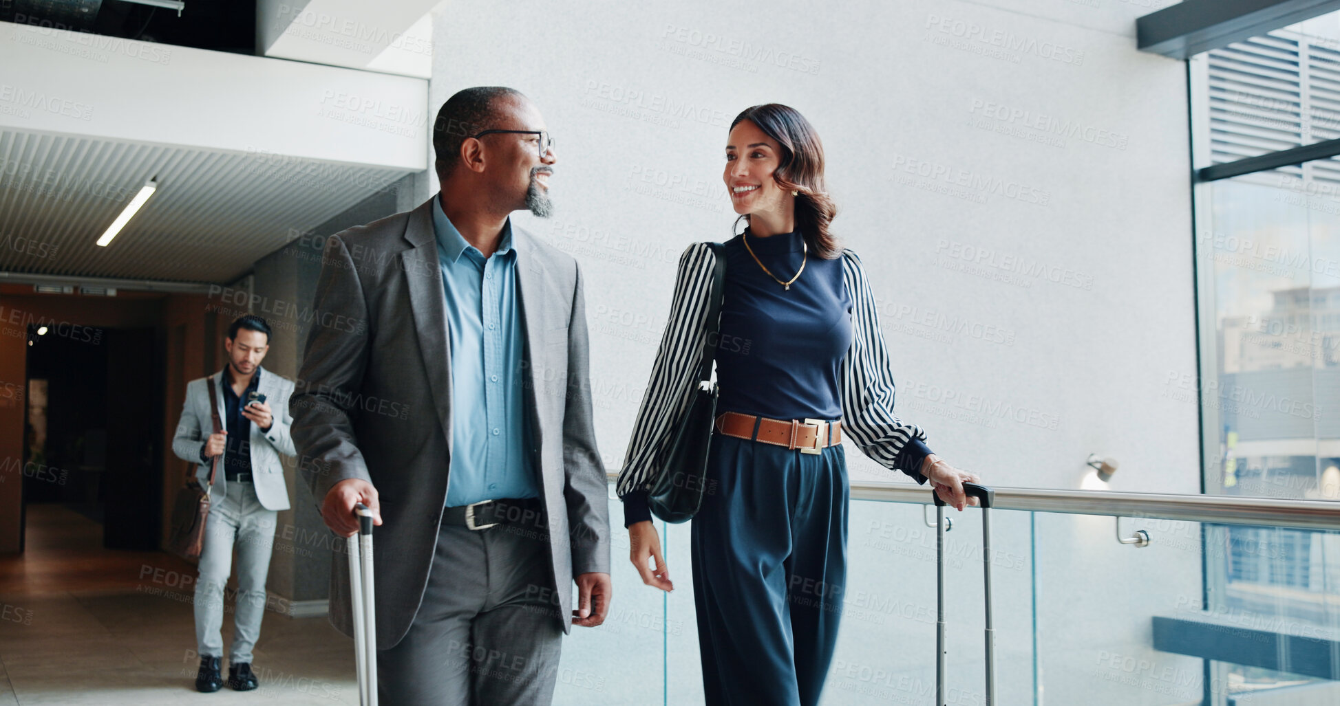 Buy stock photo Airport, colleagues and people with smile, business trip or suitcase for journey, talking or leaving. International travel, mature man and woman with luggage for departure, traveller and conversation