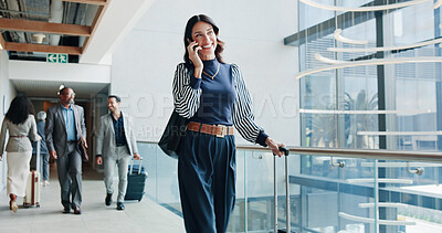 Buy stock photo Business trip, smile and woman with suitcase, phone call  or communication for travel arrangement. Talking, foreign service consultant and chat on mobile for departure, employee and person at airport