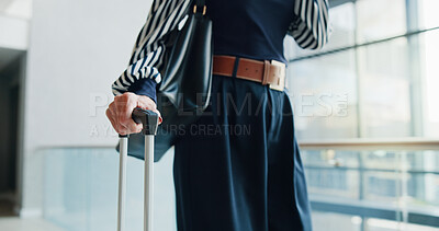 Buy stock photo Business person, walking and hands with suitcase for travel, job opportunity or career trip at airport. Closeup, employee or traveler with luggage for commute, flight or journey in city or town