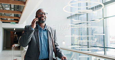Buy stock photo Businessman, walking or phone call with suitcase for travel, job opportunity or career trip at airport. Man, employee or traveler talking with mobile smartphone or luggage for commute or flight
