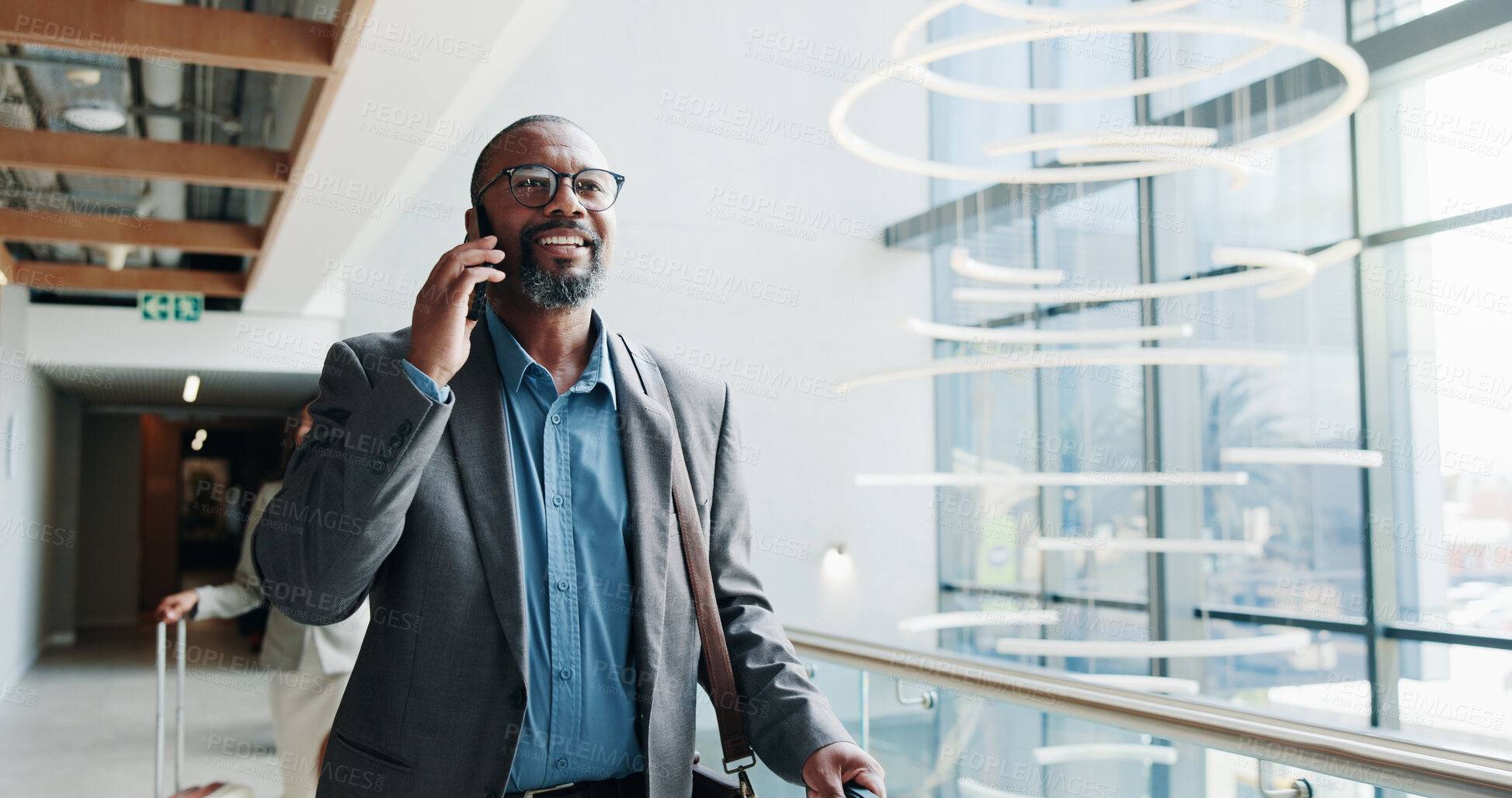 Buy stock photo Businessman, walking or phone call with suitcase for travel, job opportunity or career trip at airport. Man, employee or traveler talking with mobile smartphone or luggage for commute or flight