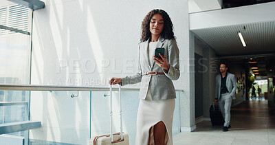 Buy stock photo Business woman, travel and phone with suitcase for job opportunity or career trip at airport. Female person, employee or traveler with mobile smartphone or luggage for app, commute or flight delay