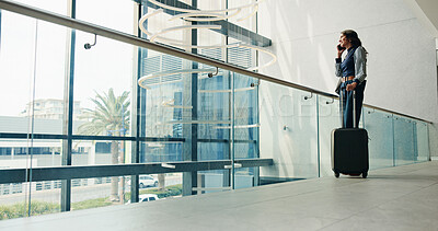 Buy stock photo Business woman, talking and waiting with phone call at airport for travel, job opportunity or trip. Female person, employee or traveler with mobile smartphone or suitcase for commute or flight delay