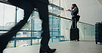 Business trip, employee and woman with suitcase, phone call  and communication for travel arrangement. Talking, foreign service officer and chat with mobile for departure, airport or person with tech